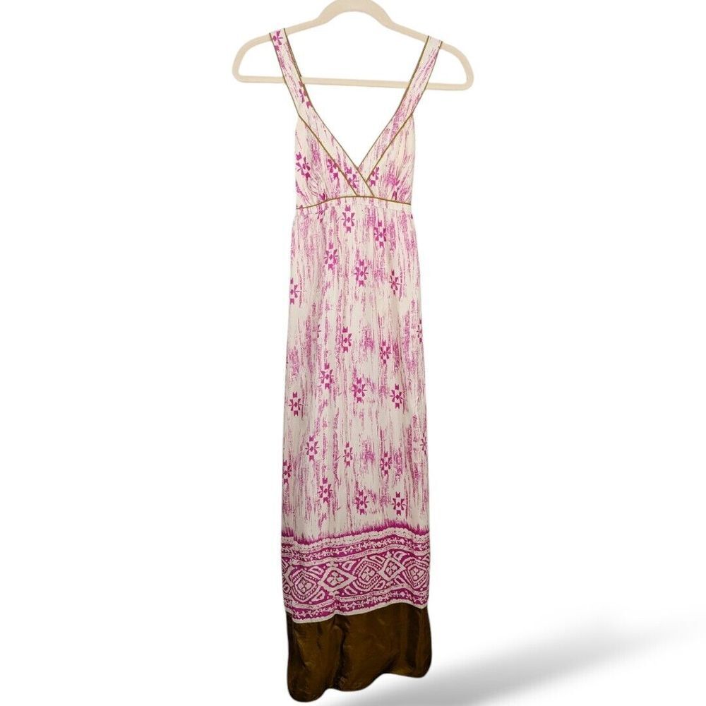 Loft Ann Taylor Silk‎ Ikat Tribal Maxi Dress 10 Pink Cream Cross Straps Beachy